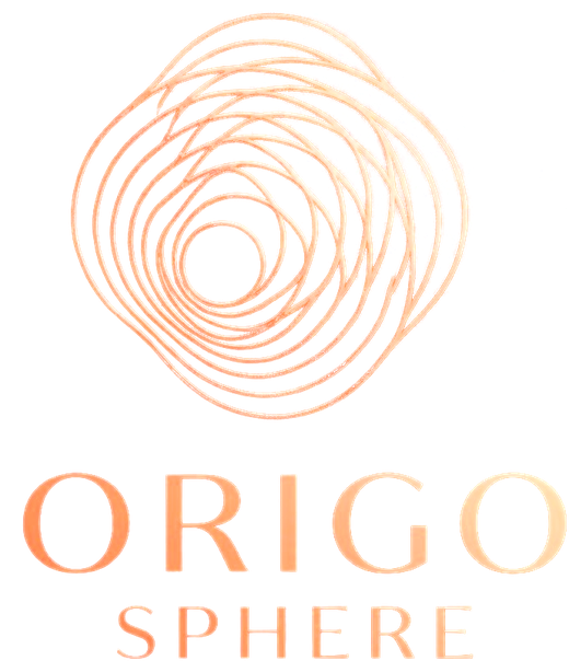 Logo ORIGOSPHERE, spirale cuivrée et nom du site